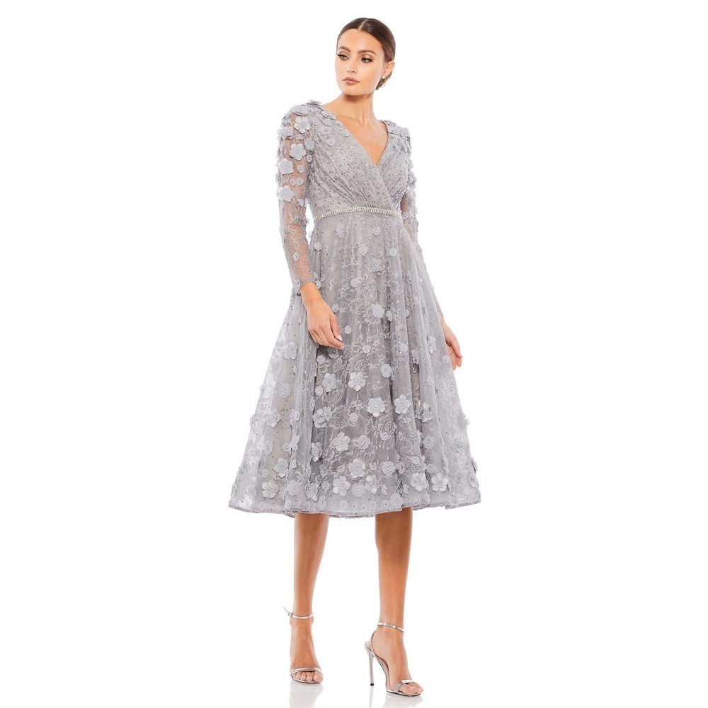 Mac Duggal Floral Embellished Lace A- Line Cocktail Dress Sterling Gray 8 Nwt